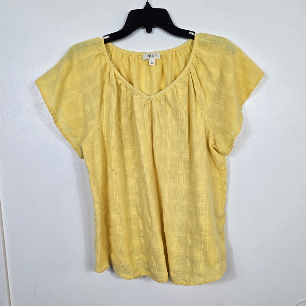 Style & Co Womens‎ Yellow Textured V-Neck Coastal Flutter Sleeve Blouse Large